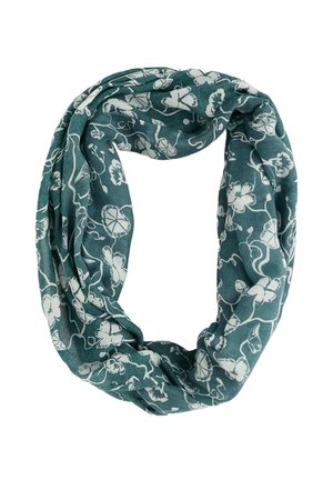 Grüner Infinity-Schal mit weißen Blumen- und Rankenmustern, gefertigt aus weichem, leichtem Stoff, locker in runder Form drapiert.