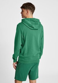 Grön hoodie gjord av mjukt material med en kenguruficka, justerbar dragsko på huvan och ribbade ärmslut, matchat med gröna shorts.