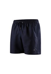 Shorts da bagno blu navy realizzati in tessuto leggero, con una cintura elastica dotata di cordino e un piccolo logo sulla gamba sinistra.