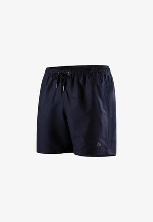Navy blue swim shorts made of lightweight fabric, featuring an elastic waistband with drawstring and a small logo on the lower left leg.