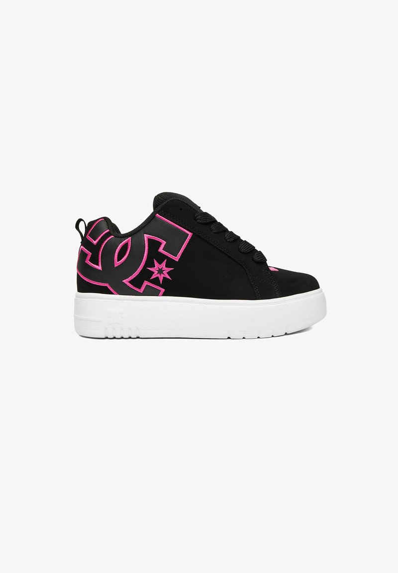 Black sneaker with thick white sole, black laces, and large pink outlined logo on the side and heel, shown from the outer side.