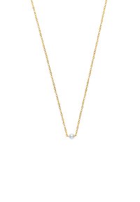 Gouden ketting met een kleine, ronde witte parel in het midden. De ketting bestaat uit ovale schakels, wat een delicate uitstraling creëert.
