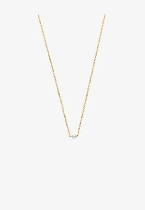 Collier en or avec une petite perle blanche ronde au centre. La chaîne est composée de maillons ovales, créant un design délicat.