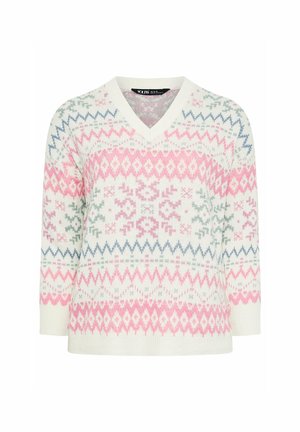 Pull en tricot crème à col en V avec un motif géométrique coloré dans des tons de rose, bleu et vert. Manches mi-longues et ourlet côtelé.
