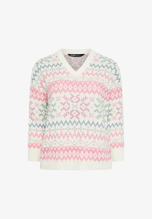 Pull en tricot crème à col en V avec un motif géométrique coloré dans des tons de rose, bleu et vert. Manches mi-longues et ourlet côtelé.