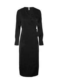 Black wrap dress with long sleeves, v-neck, and a fitted silhouette. Made from a smooth fabric with a tie detail at the waist.
