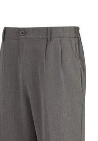 Graue Hosen aus Mischgewebe mit einer gefalteten Gestaltung, traditionellem Bund und Knopfverschluss.