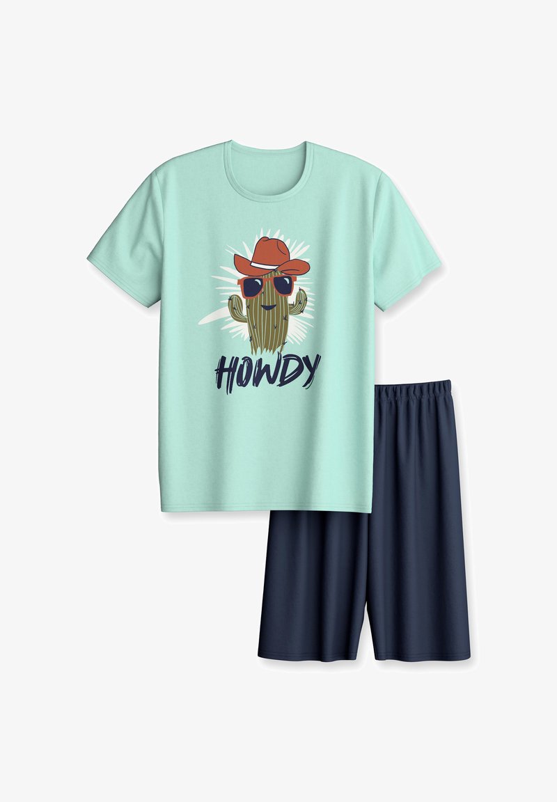 Hellblaues Kurzarmhemd mit Kaktus, der Sonnenbrille und Cowboyhut trägt, mit dem Text "HOWDY", kombiniert mit dunkelblauen Kniehosen.