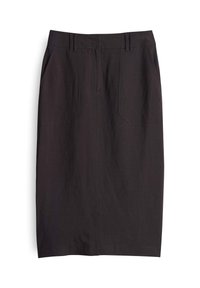 Jupe noire longueur genou avec poches plaquées avant et passants de ceinture, coupe droite, posée à plat sur fond blanc.