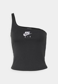 Haut noir à une épaule de Nike en coton, avec un logo brodé blanc avec le texte "AIR". Texture lisse, design ajusté.