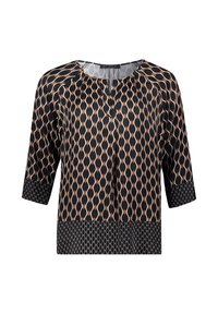 Czarna bluzka z geometrycznym wzorem w złotym i beżowym kolorze. Posiada okrągły dekolt, rękawy trzy czwarte oraz prosty krój.