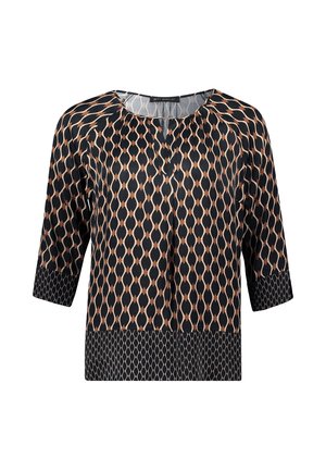 Blusa nera con un motivo geometrico in oro e beige. Presenta un collo rotondo, maniche a tre quarti e un taglio dritto.