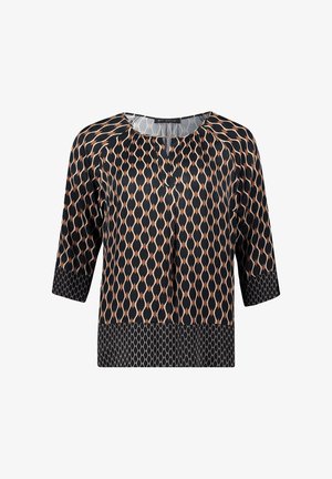 Schwarze Bluse mit einem geometrischen Muster in Gold und Beige. Sie verfügt über einen runden Halsausschnitt, Dreiviertelärmel und einen geraden Schnitt.