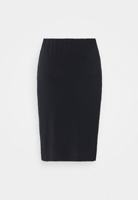 Musta polvipituinen hame, valmistettu pehmeästä, joustavasta kankaasta, jossa on joustava vyötärönauha, sileäpintainen eikä siinä ole näkyviä kuvioita.