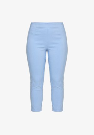 Lyseblå, højtaljede, slimfit ankellange bukser med en glat forside og subtile sømdetaljer.
