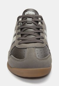 Sneaker grigio con tomaia in pelle e suede, caratterizzato da lacci scuri, una striscia bianca a contrasto e una suola in gomma marrone. Nome del marchio sulla linguetta.