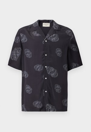 Black short-sleeve button-up shirt with gray floral patterns and a spread collar.