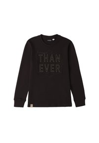 Schwarzes Langarm-T-Shirt aus Baumwolle mit einem strukturierten Druck, der in kontrastierenden Farben "Stronger THAN EVER" zeigt.