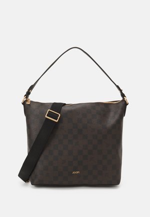 Dark brown leather handbag with a checkered pattern, featuring a golden zipper and a detachable black strap. Logo visible on the front.