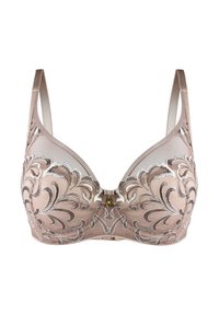 Biustonosz wykonany z miękkiego beżowego materiału z misternym brązowym haftem i srebrnymi akcentami. Charakteryzuje się wycięciem w kształcie litery V oraz regulowanymi ramiączkami dla wsparcia.