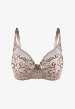 Biustonosz wykonany z miękkiego beżowego materiału z misternym brązowym haftem i srebrnymi akcentami. Charakteryzuje się wycięciem w kształcie litery V oraz regulowanymi ramiączkami dla wsparcia.