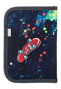Zippered pencil case in navy fabric featuring a skateboard graphic. Colorful paint splatter design with gray trim and fabric label.