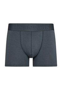 Boxer briefs para hombres en gris oscuro, hechos de material suave y elástico. Cuentan con una cintura tonal con el nombre de la marca grabado y un bolsillo contorneado.