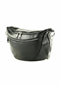 Sac à main en cuir noir de forme arrondie, doté de plusieurs poches zippées et d'une bandoulière chaîne. Texture lisse et marquage minimaliste.