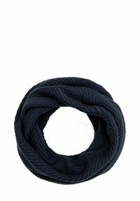 Dzianinowy szalik w kolorze ciemnego granatu, z teksturowanym wzorem w jodełkę, wykonany z miękkiego materiału, w formie ciągłego okręgu.