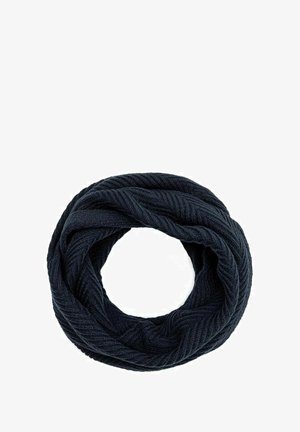Dzianinowy szalik w kolorze ciemnego granatu, z teksturowanym wzorem w jodełkę, wykonany z miękkiego materiału, w formie ciągłego okręgu.