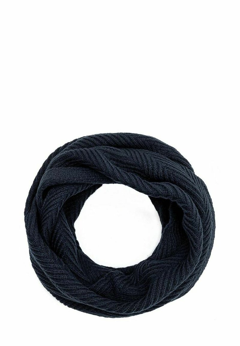 Dzianinowy szalik w kolorze ciemnego granatu, z teksturowanym wzorem w jodełkę, wykonany z miękkiego materiału, w formie ciągłego okręgu.