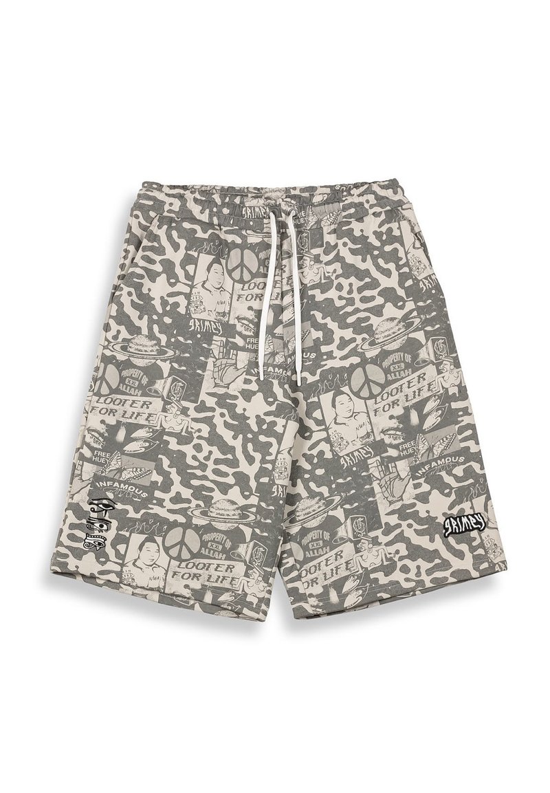 Shorts met camouflagepatroon in grijstinten met grafische prints, elastische tailleband en trekkoord; voorzien van logo op het onderbeen.