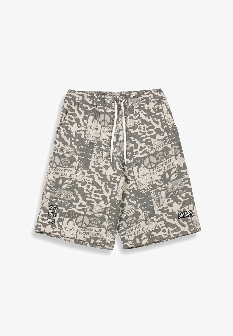 Szorty w wzór kamuflażu w odcieniach szarości z grafikami, elastycznym pasem i sznurkiem; posiadają logo na dolnej części nogawki.