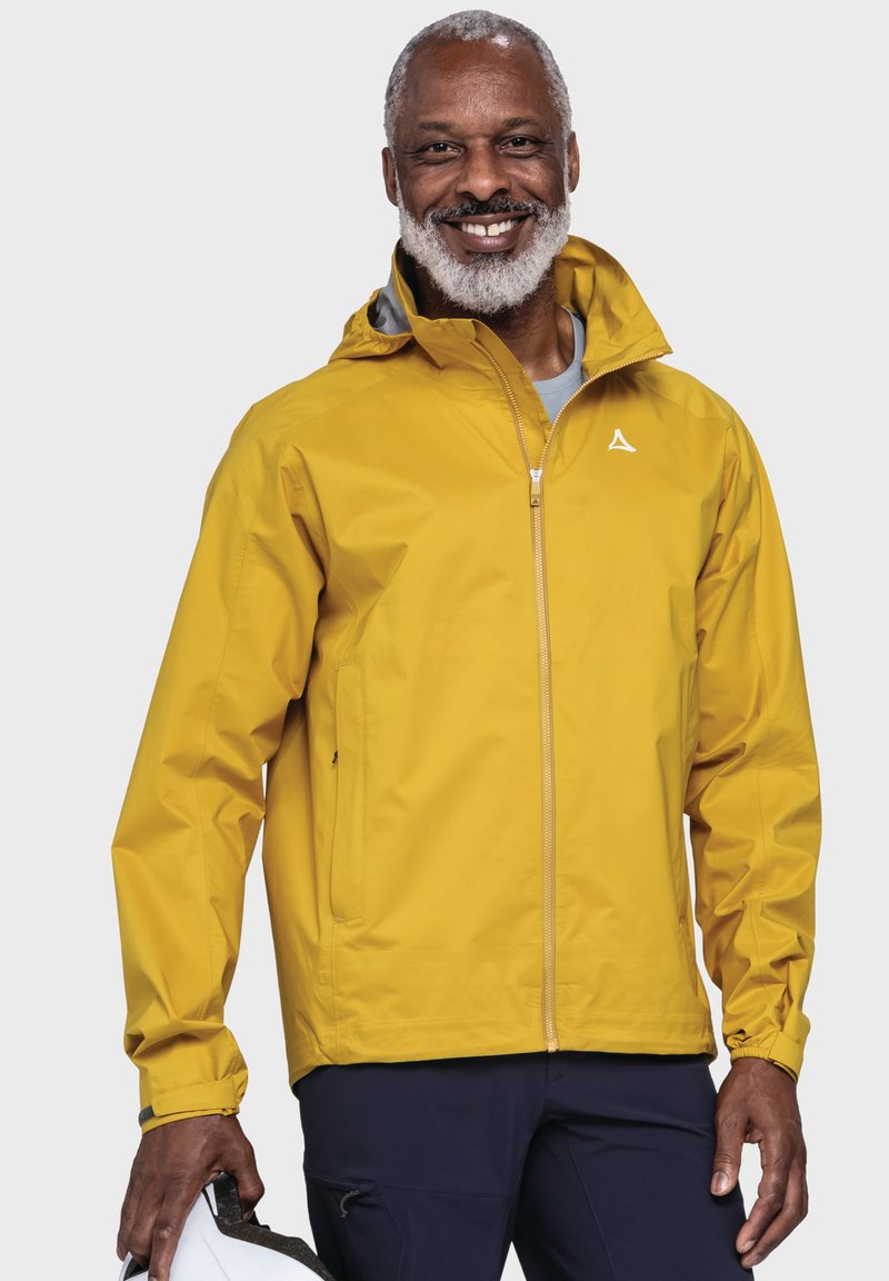 Yellow waterproof jacket with a hood, front zipper, and elastic cuffs. Features a small white logo on the chest.