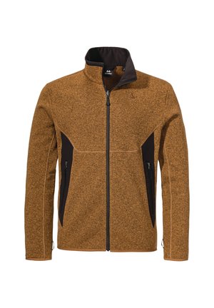 Braune Fleecejacke mit schwarzen Seitenpanels und Reißverschlusstaschen. Verfügt über einen hohen Kragen und kontrastierende Nähte. Weiche Textur.