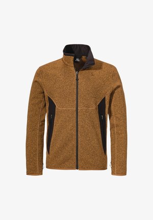 Braune Fleecejacke mit schwarzen Seitenpanels und Reißverschlusstaschen. Verfügt über einen hohen Kragen und kontrastierende Nähte. Weiche Textur.