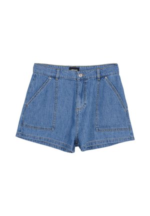 Short in denim blu con vita alta, bottone e cerniera frontale, grandi tasche anteriori inclinate e passanti per cintura.