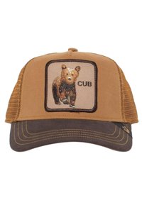 Cappellino da camionista marrone con lati in rete, dotato di una patch ricamata con un cucciolo d'orso. La visiera è di un marrone scuro con cuciture in contrasto.
