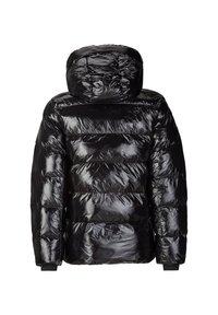 Schwarze Steppjacke mit glänzender Oberfläche, verfügt über eine Kapuze, horizontale Steppung und elastische Bündchen für Wärme und Komfort.