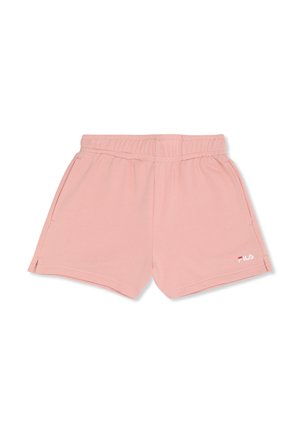 Lyserøde elastiske shorts med side lommer og lille hvid og rød FILA-logo på nederste højre ben.