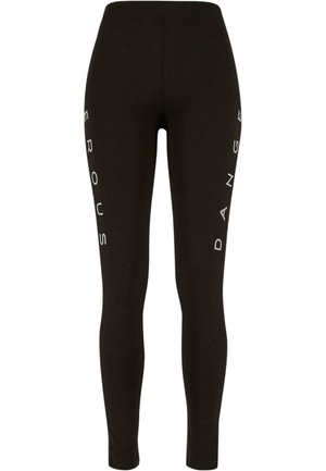 Black leggings made of stretchy fabric, featuring white vertical text reading "DANGEROUS" along the sides. Smooth texture and fitted shape.