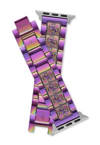 Metalowa bransoletka do smartwatcha w tęczowym purpurowym kolorze z kwadratowymi ogniwami, z wyrytymi akcentami i srebrnymi złączami.