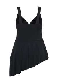 Costume da bagno nero con gonna svasata e orlo asimmetrico. Presenta spalline larghe e una profonda scollatura a V sul retro. Realizzato in un materiale liscio ed elastico.