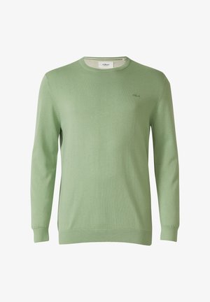 Hellgrüner Pullover mit langen Ärmeln, Rundhalsausschnitt, kleinem gesticktem Markenlogo auf der linken Brust sowie gerippten Bündchen und Saum.