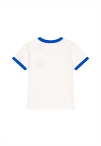 T-shirt bianco con colletto e polsini blu, maniche corte e schiena semplice. Realizzato in materiale morbido e leggero.