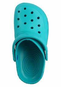 Turquoise slip-on clog made of lightweight plastic; features ventilation holes, a heel strap, and a textured footbed.