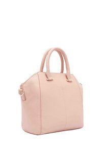 Zacht rozenkleurig leren handtas met twee afgeronde handvatten, gouden accenten en een gestructureerde, rechthoekige vorm.