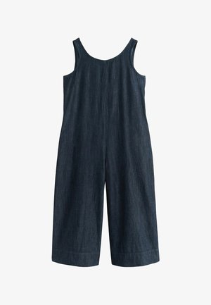 Ujjatlan sötét farmer kezeslábas széles szárakkal és kerek nyakkivágással.