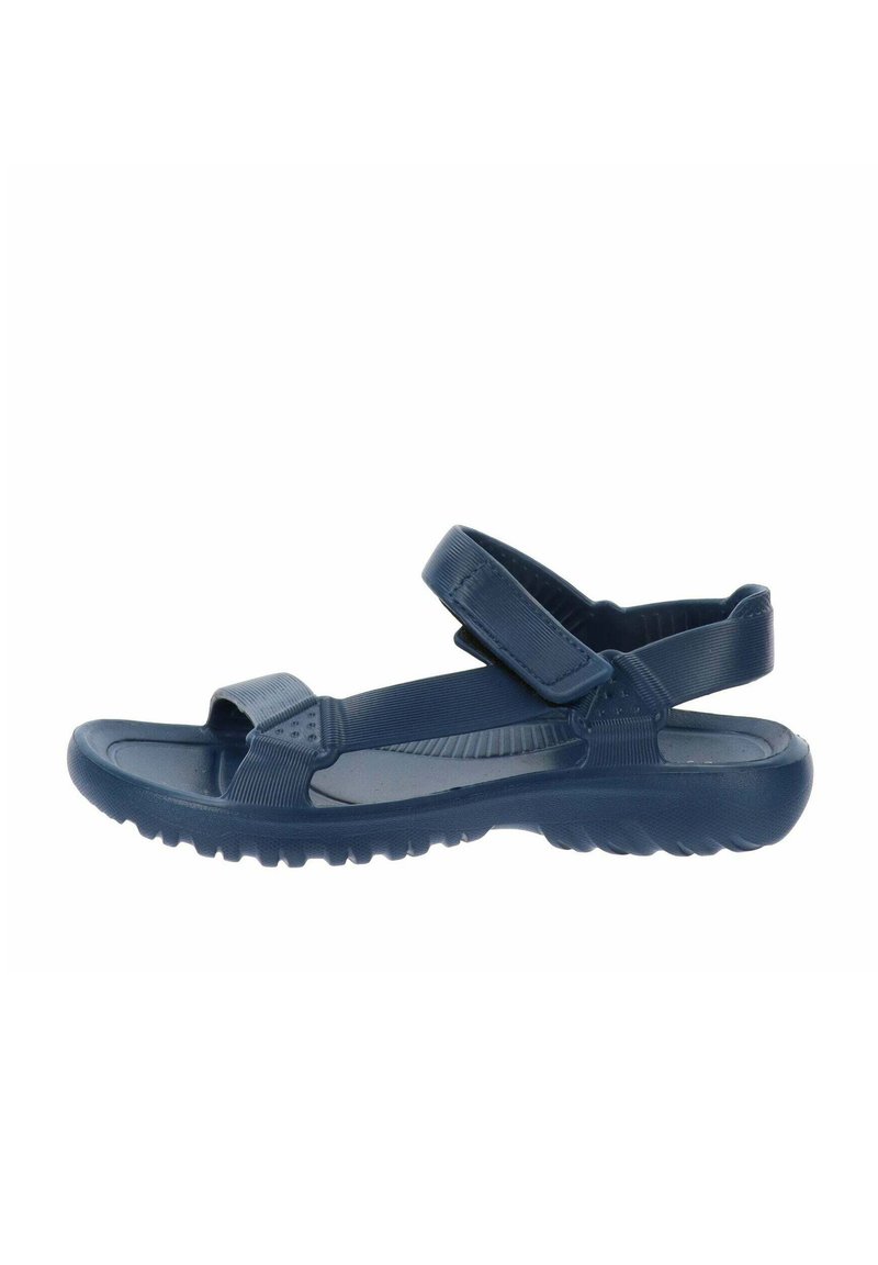 Sandalias azul marino con correas ajustables, plantilla moldeada, suela texturizada antideslizante y diseño de punta abierta, adecuadas para uso casual.