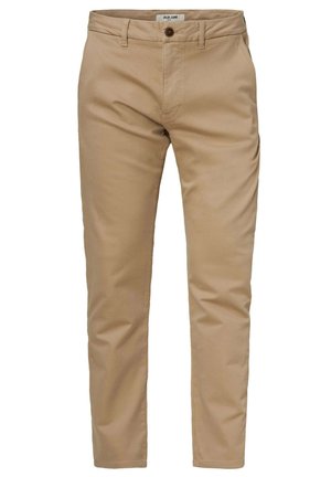 Pantaloni beige in cotone con design a gamba dritta, chiusura a bottone e tasche laterali. Texture liscia con una silhouette pulita e semplice.